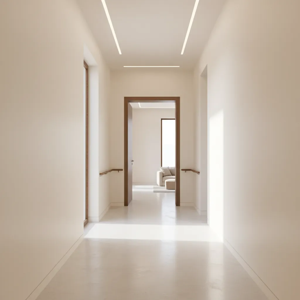 Wide hallway and doorway designed for wheelchair accessibility