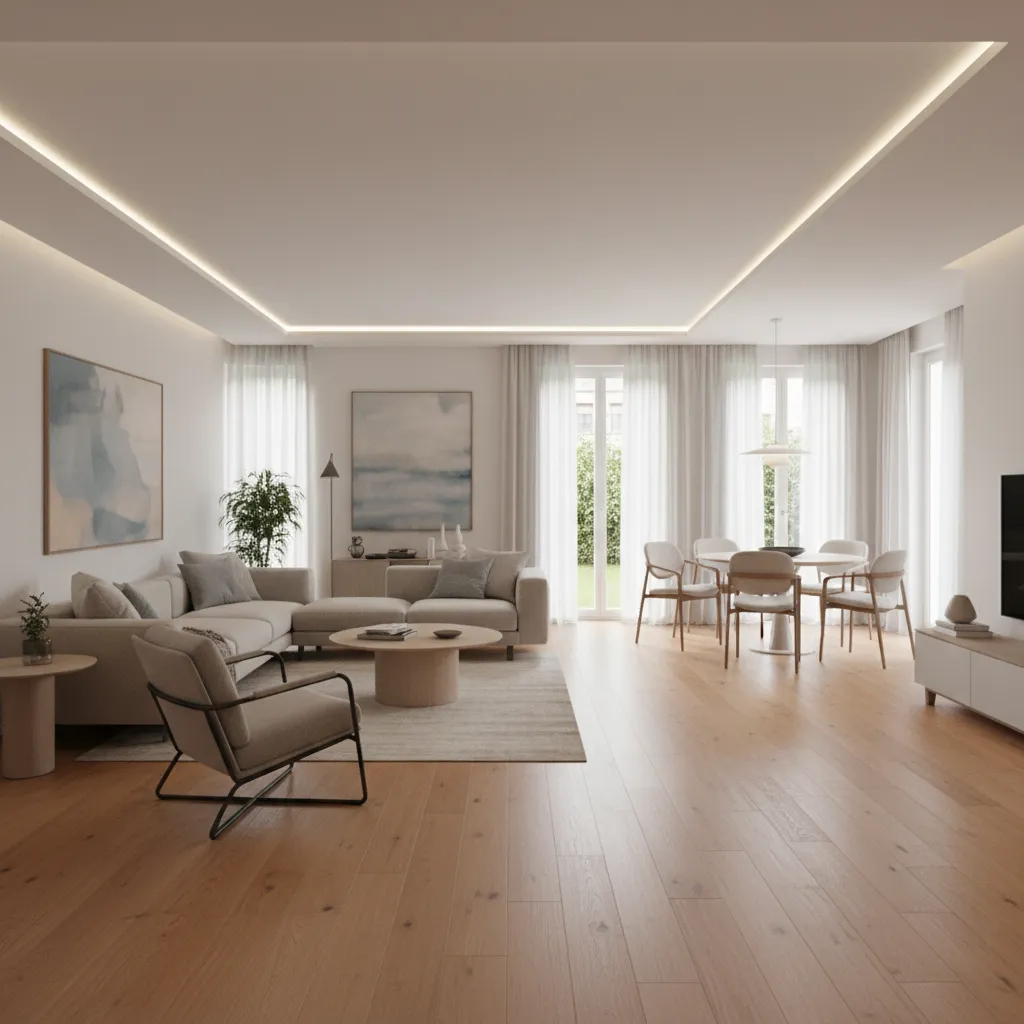 Renovated living space with wide walkways and universal design layout