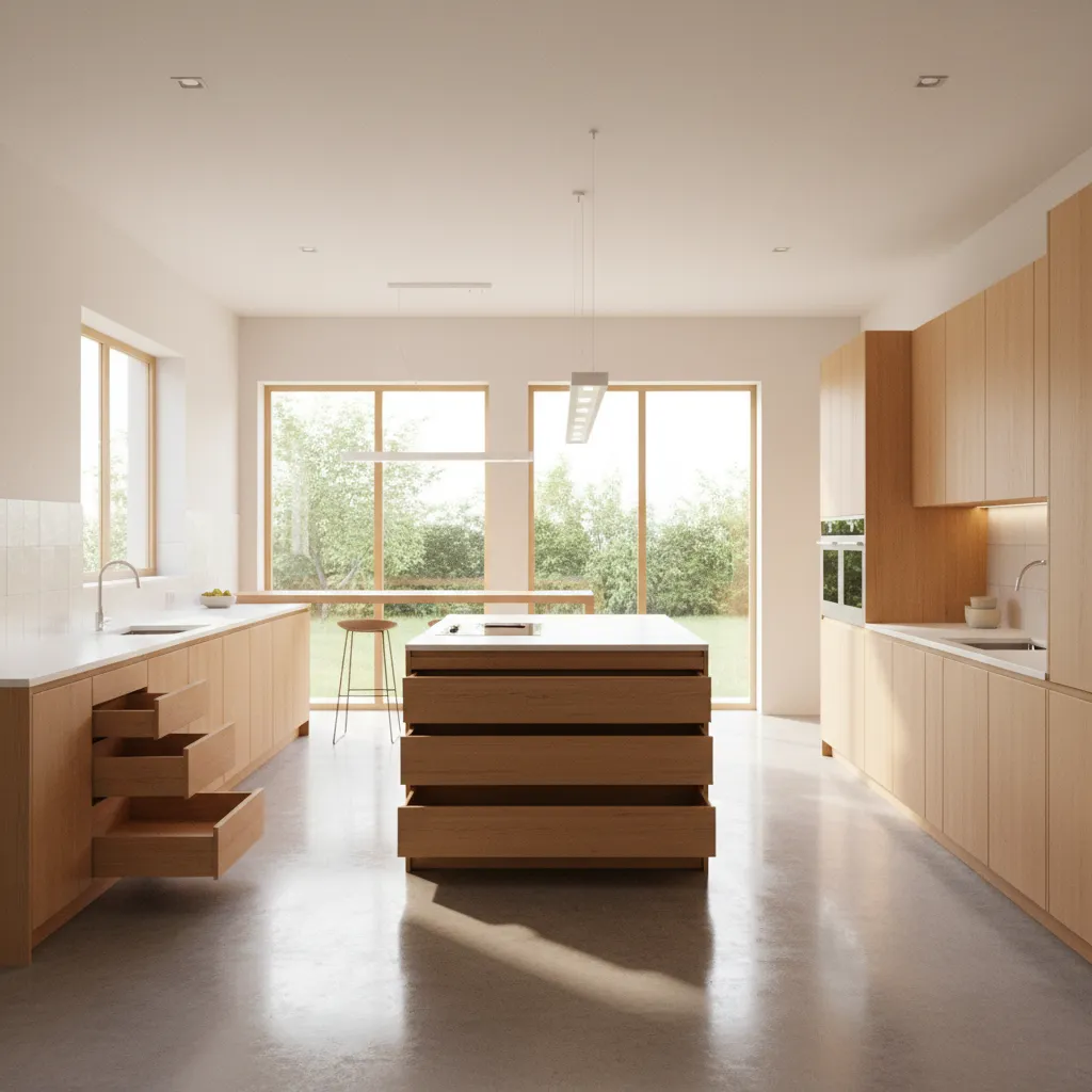 Accessible kitchen layout with wide aisles and multi-height counters
