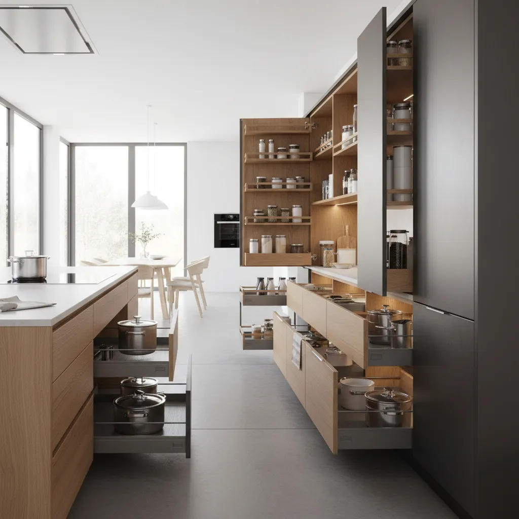 Kitchen drawers and pull-out storage improving accessibility