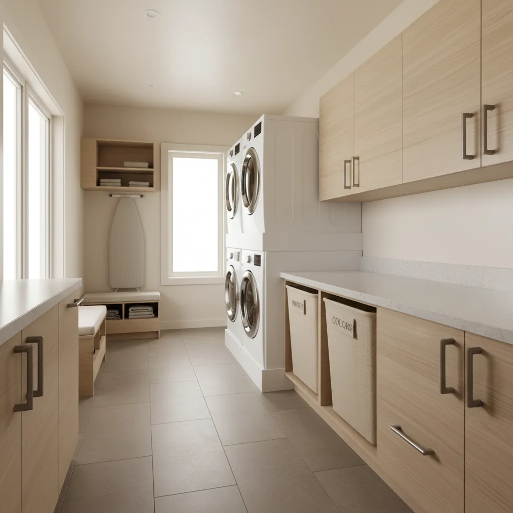 Modern laundry room with light wood cabinets stacked white washing machines window and ironing board