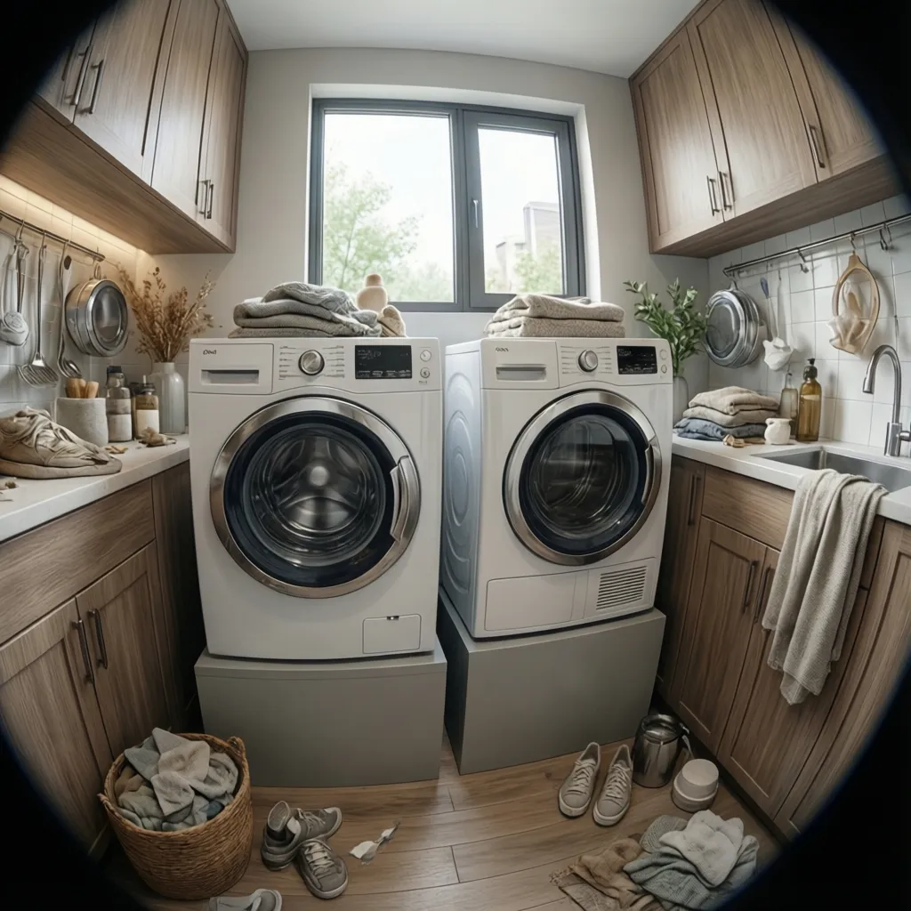 Accessible laundry room with front load washer and dryer on pedestals