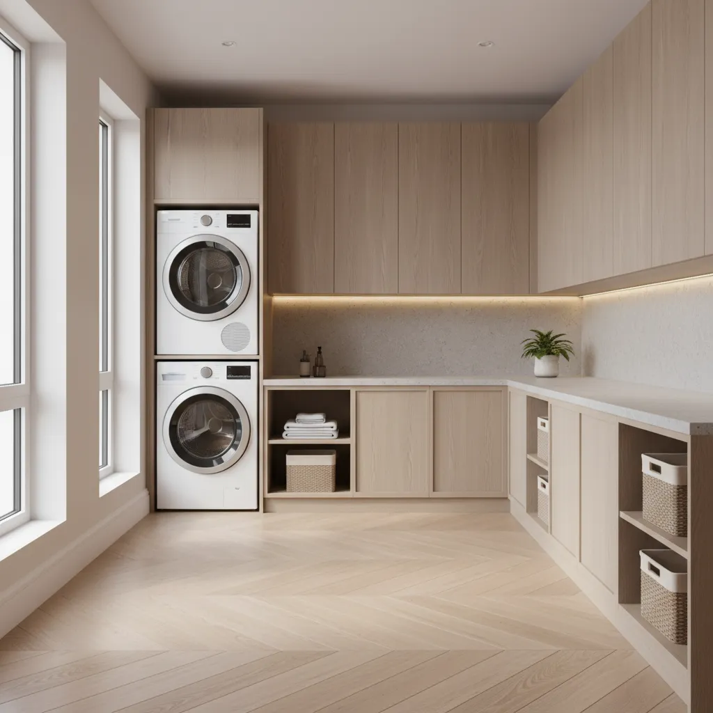 accessible laundry room layout with raised appliances and wide circulation space