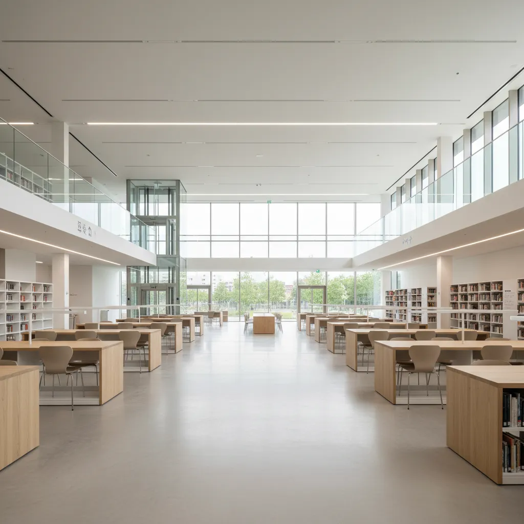 Modern bright library with many wooden desks, chairs, bookshelves, large glass windows, and glass elevator
