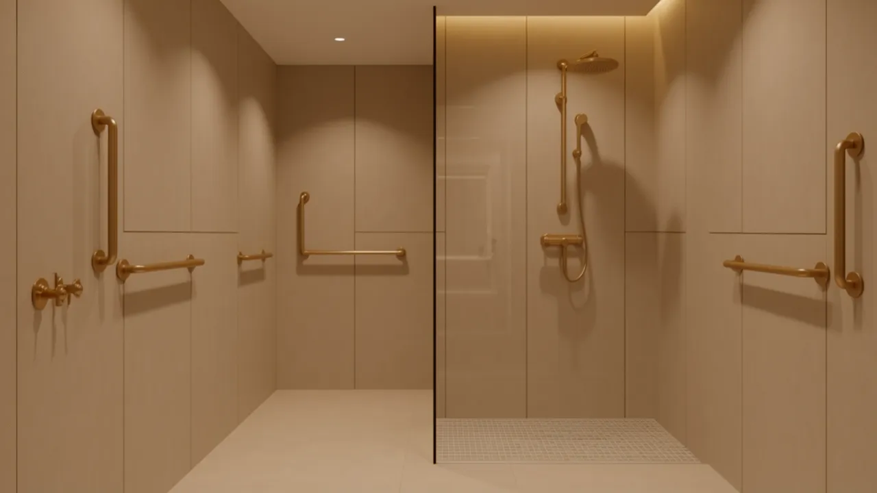 Accessible luxury bathroom with hidden safety features for seniors