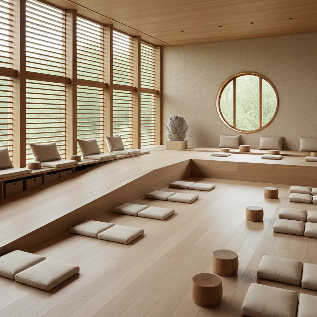 Minimalist wooden meditation room featuring floor cushions, small stools, round window, and large bright windows
