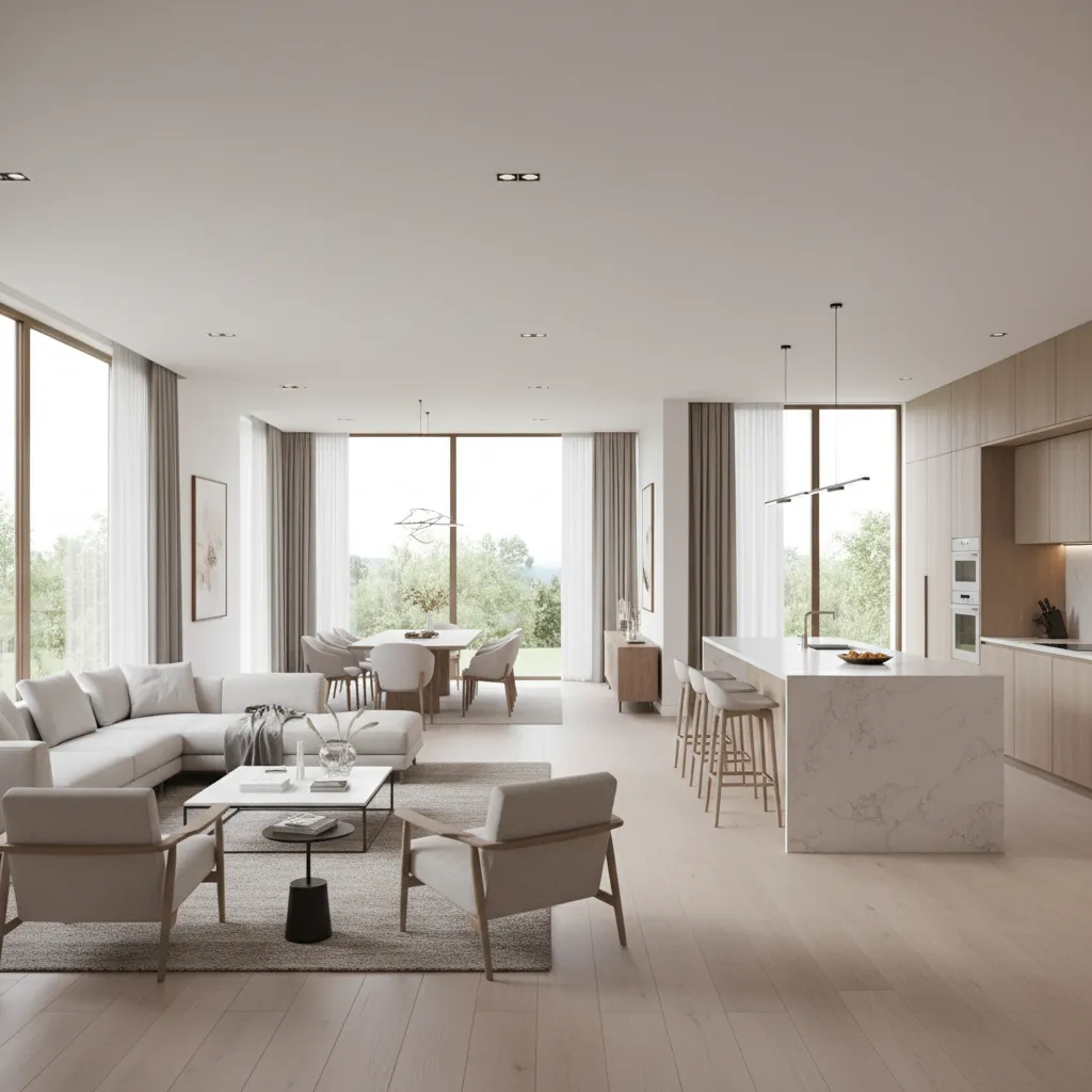 open floor plan living space designed with universal design principles and wide circulation paths