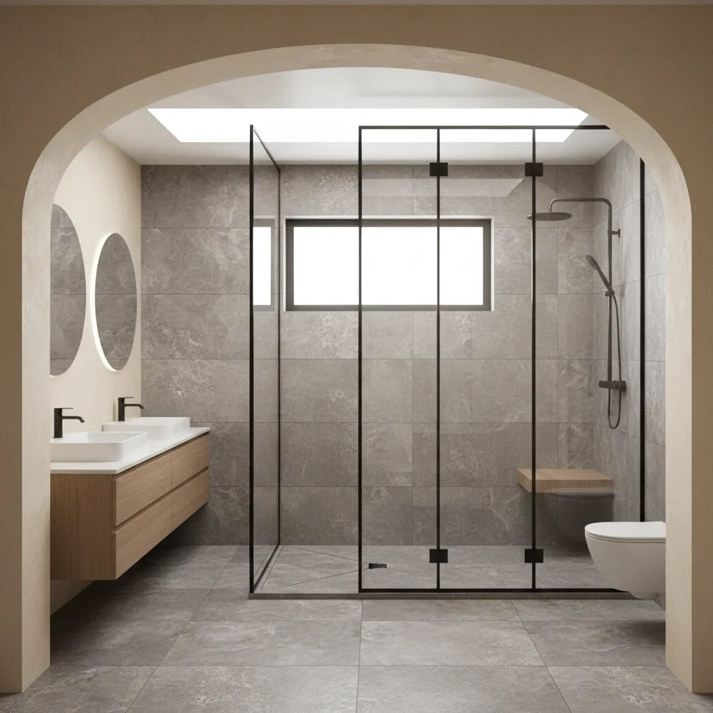 Accessible walk in bathroom with zero threshold shower in ranch house