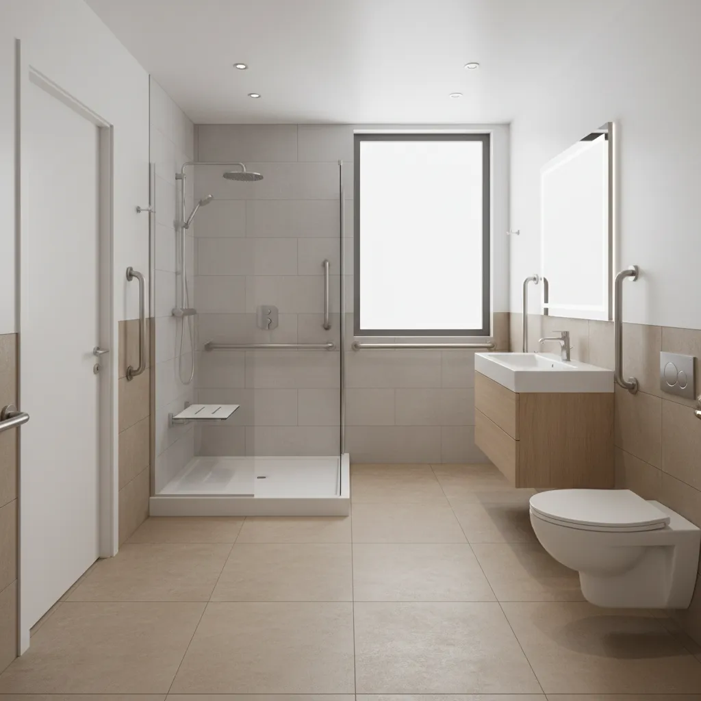 Accessible bathroom designed for elderly safety with grab bars and walk in shower