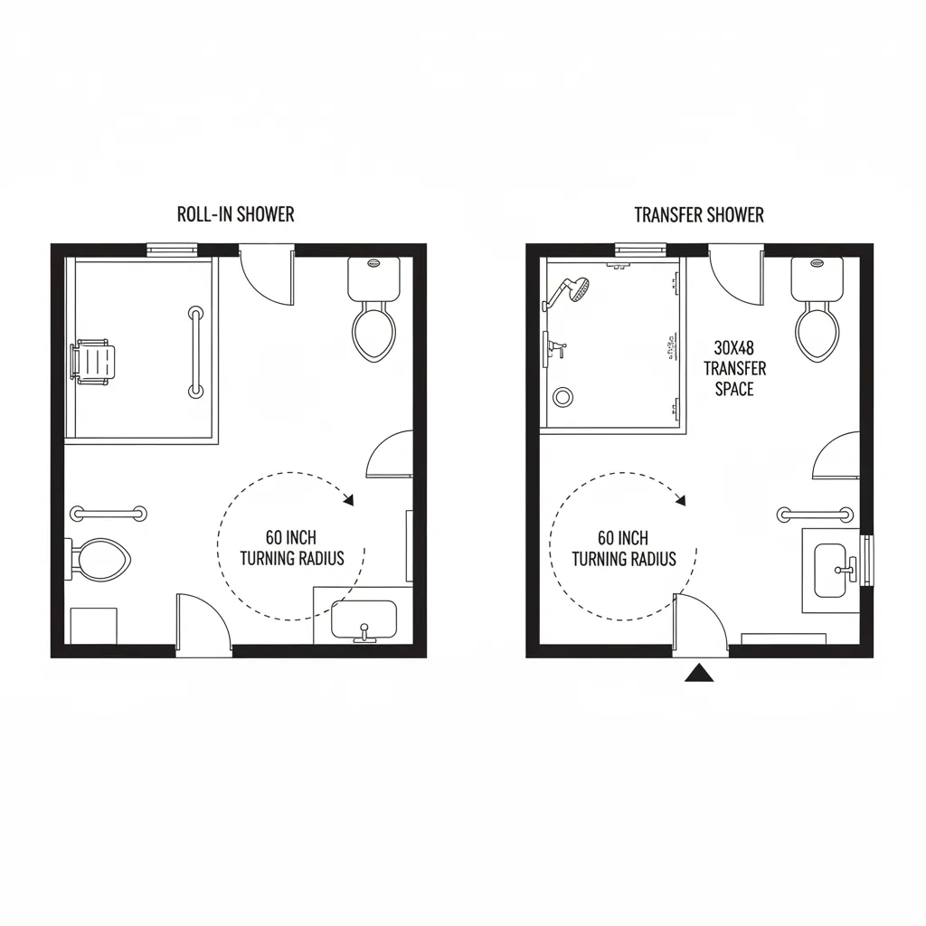 Accessible bathroom floor plan showing roll in and transfer shower dimensions
