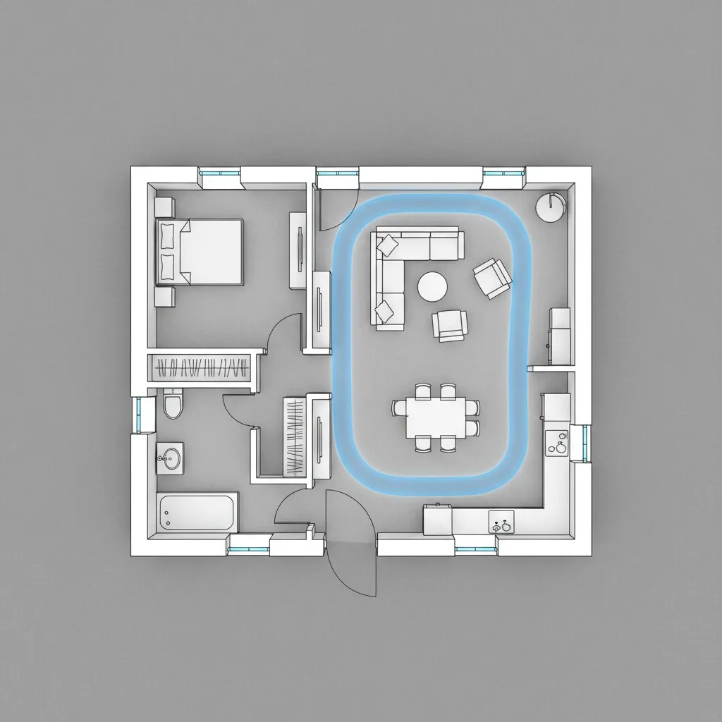 3D apartment room layout with blue line showing movement path between living and kitchen areas