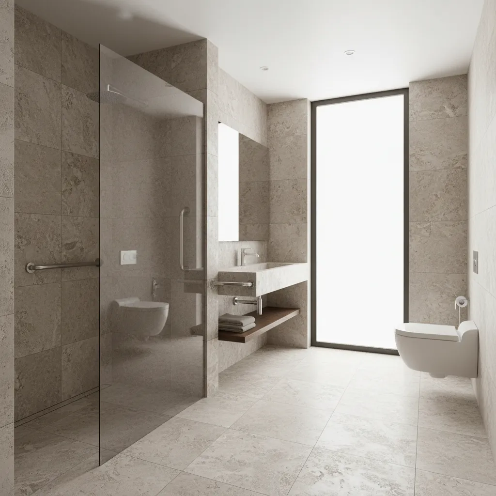 modern accessible walk in shower with grab bars and barrier free entry