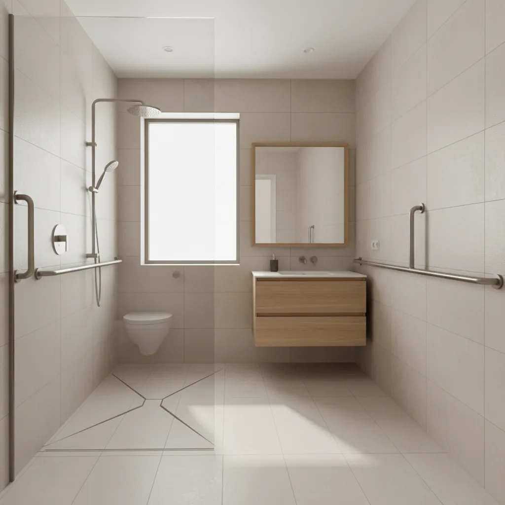 Modern walk in shower with grab bars and accessible bathroom design