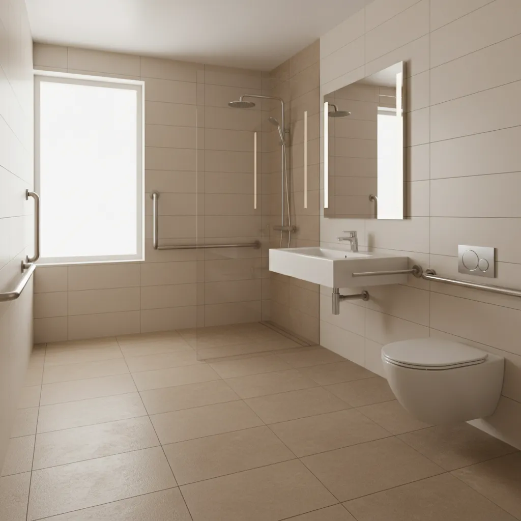 modern accessible bathroom with walk in shower grab bars and non slip flooring
