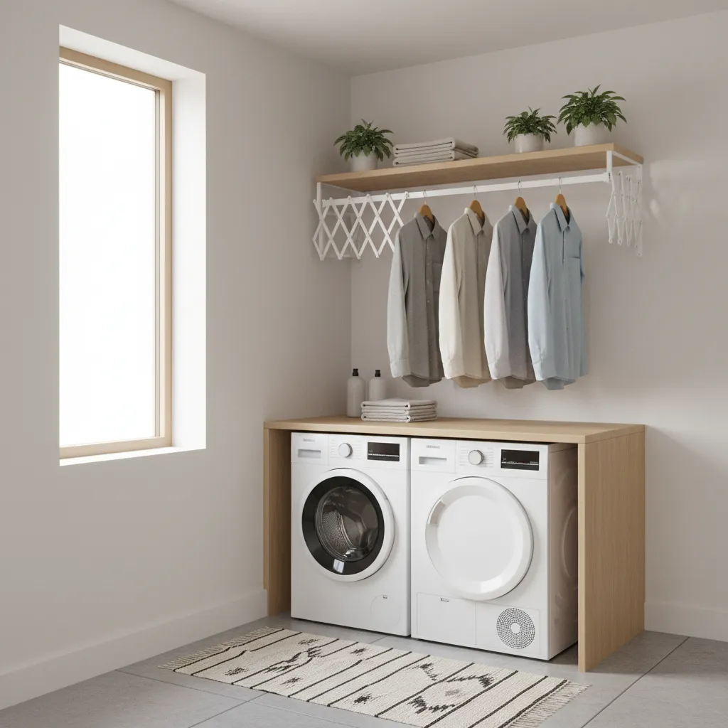 Compact laundry room with accordion drying rack installed on wall