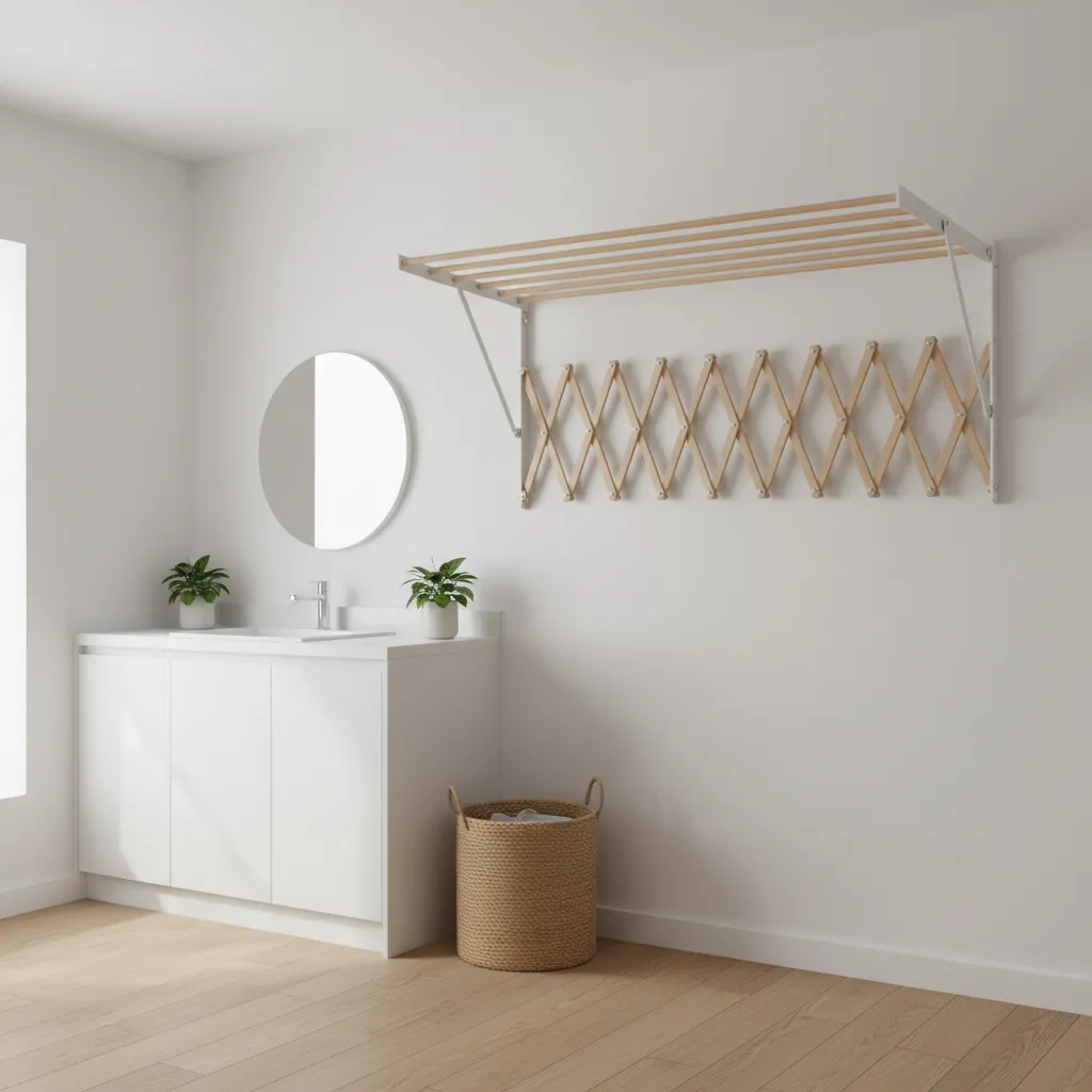 Accordion drying rack mounted on wall in laundry room