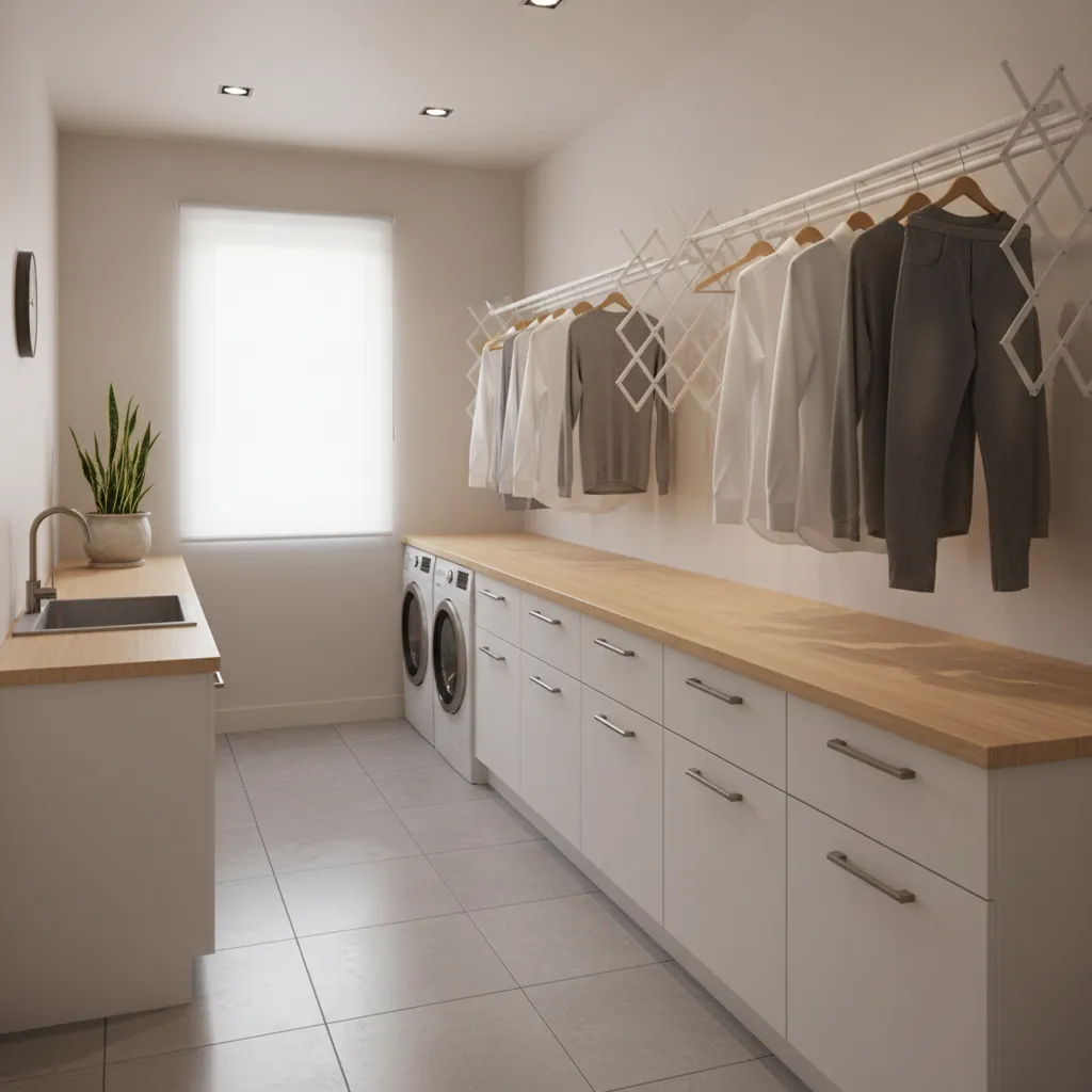 Accordion drying shelves installed above a folding counter in a laundry room