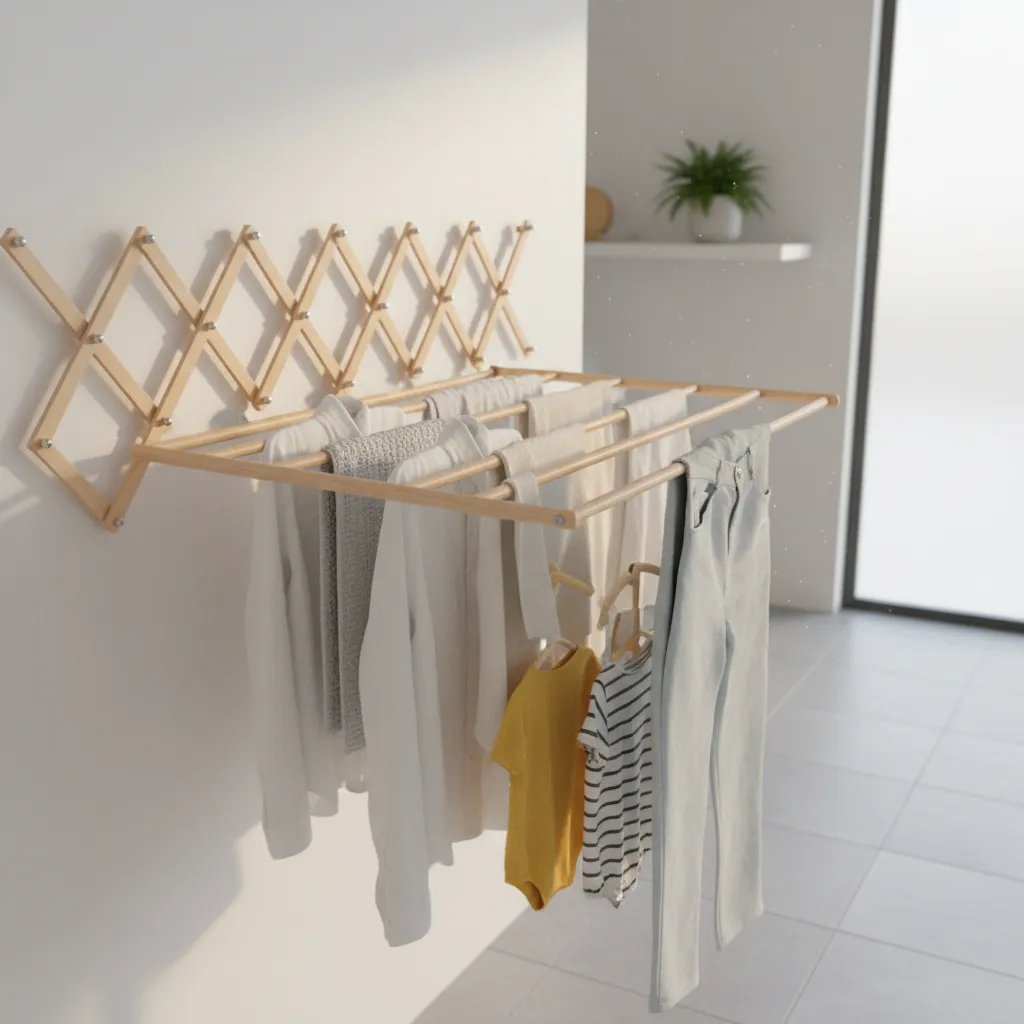 Clothes hanging on accordion drying rack with spaced bars improving airflow