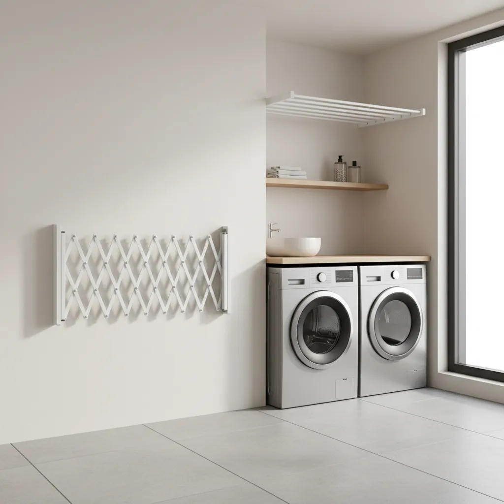 Wall mounted accordion drying rack installed in small laundry room