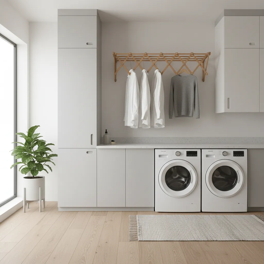 Wall mounted accordion drying rack extended in a modern laundry room