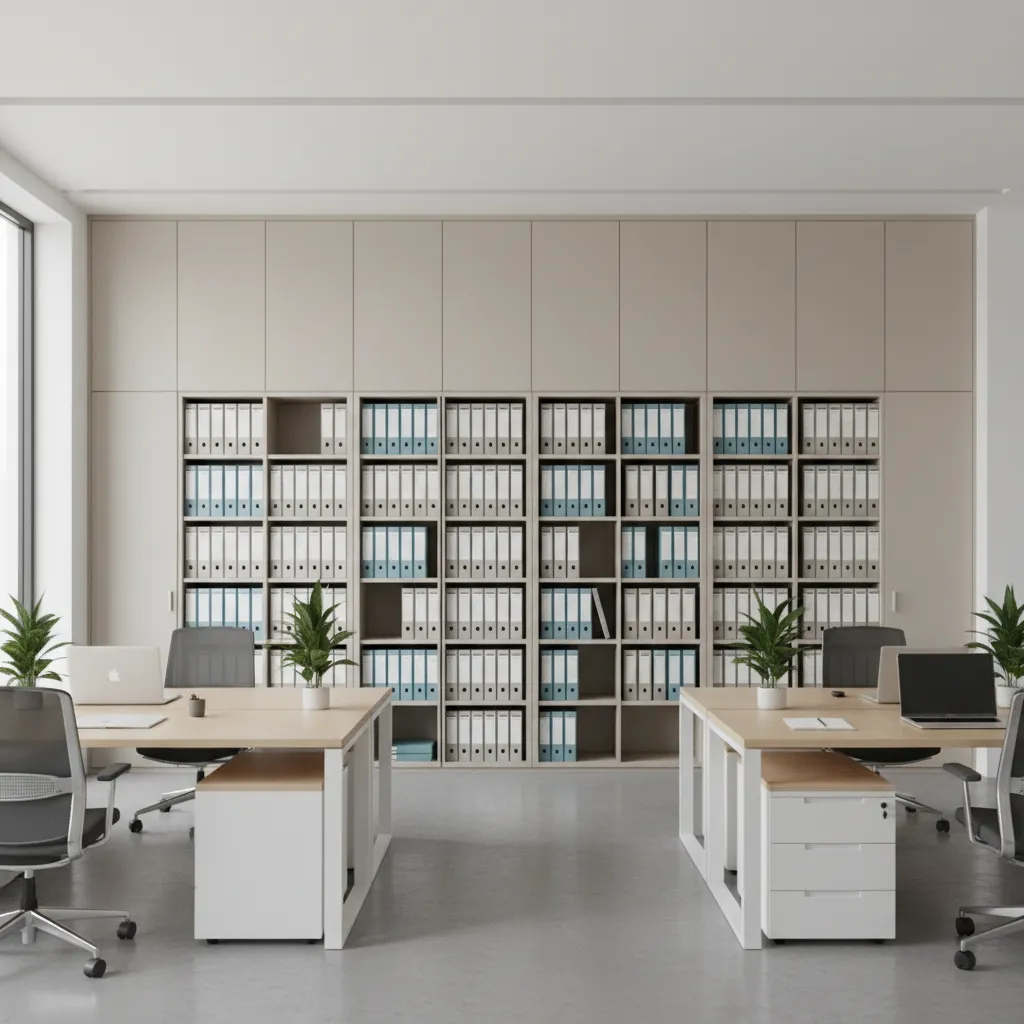 organized vertical file storage wall in accounting office