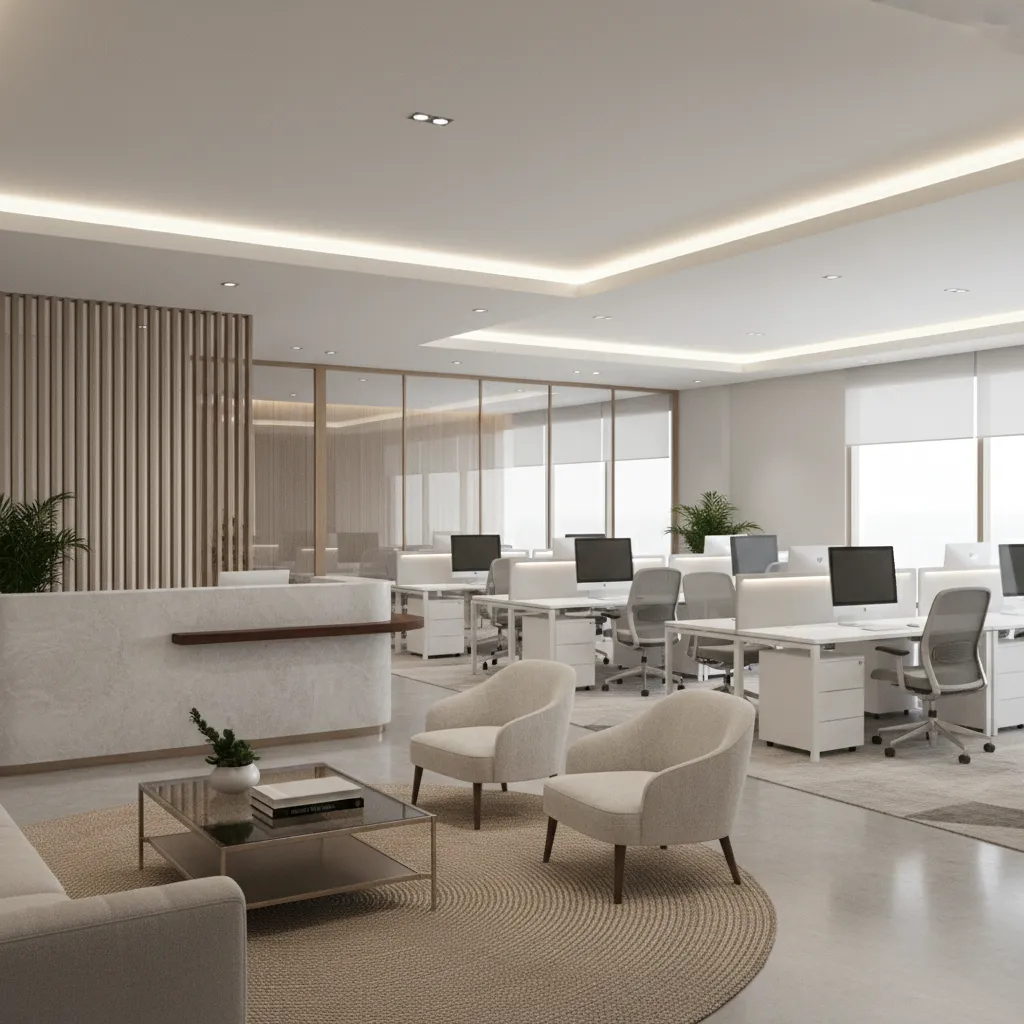 accounting office layout with reception area and separated private work zones