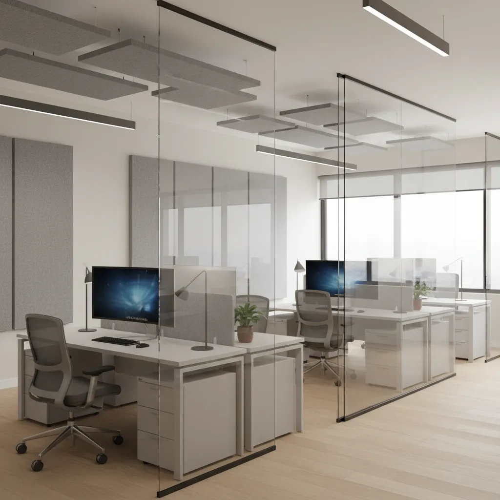 accountant workstations with glass partitions providing privacy