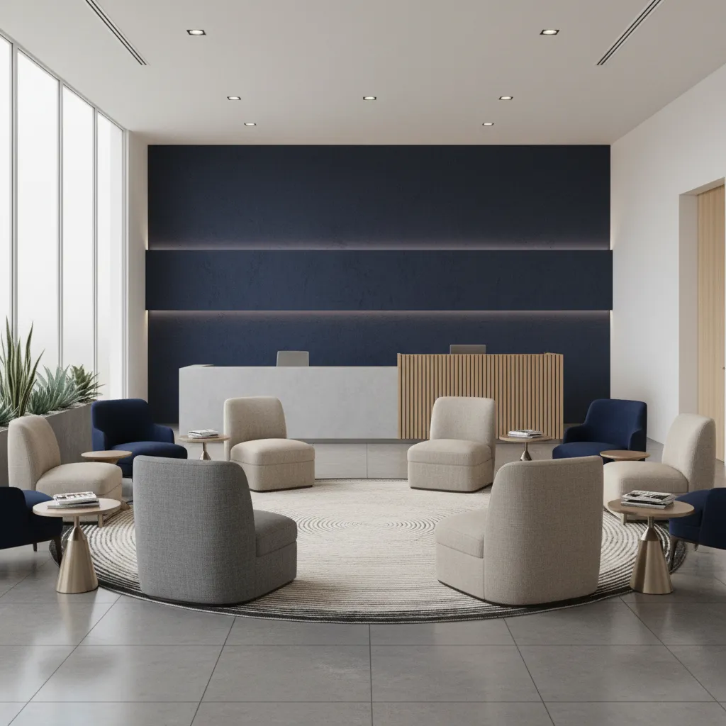 Accounting firm reception area with minimalist desk and neutral professional decor