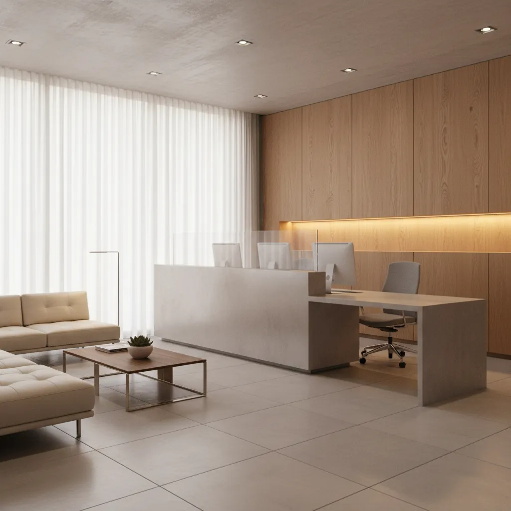 accounting office reception desk designed to protect screen visibility from waiting clients