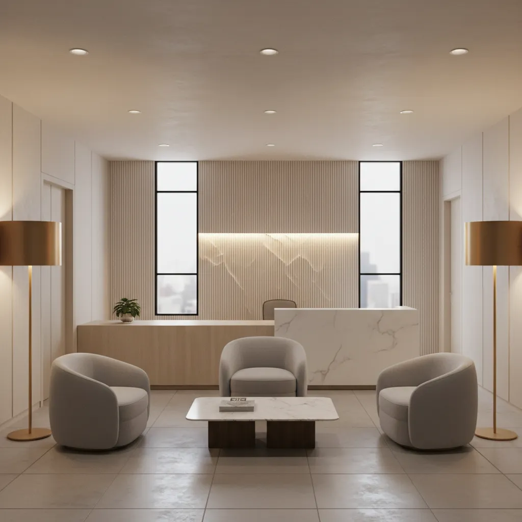 professional accountant office reception and waiting area with seating and front desk