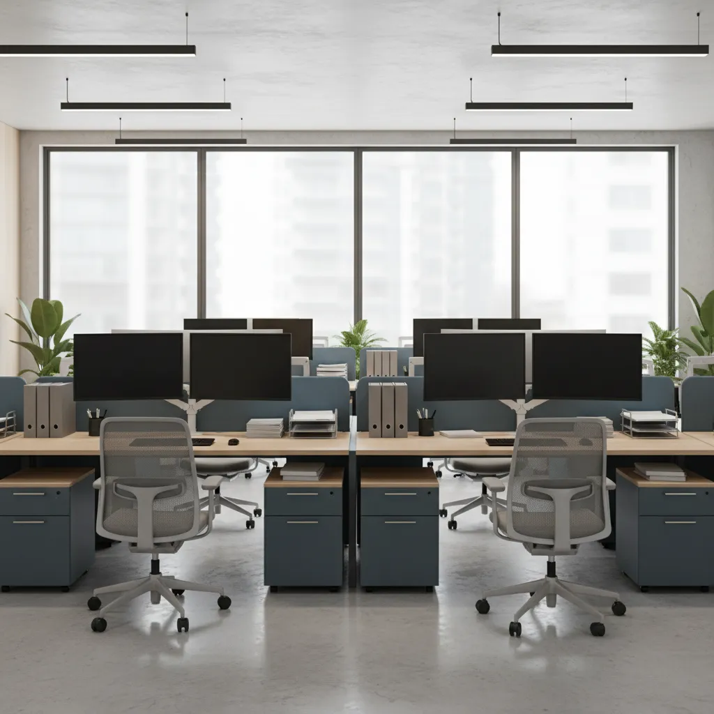 professional accounting office workspace with organized desks and quiet work zones