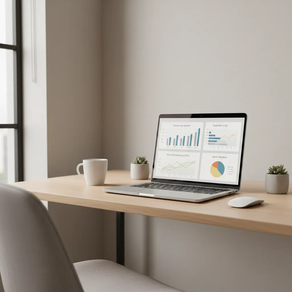 Modern laptop displaying accounting software dashboard on a clean workspace