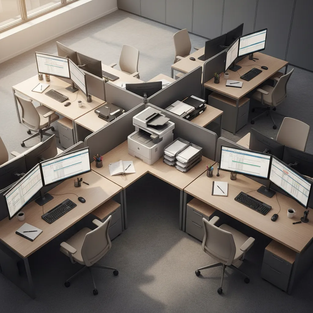 accounting team desk arrangement designed for collaborative workflow