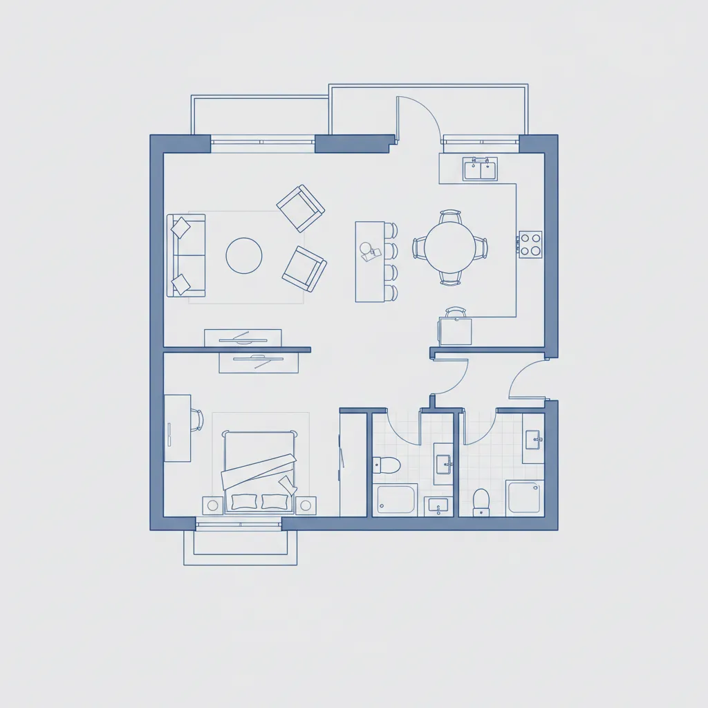 Accurate 2D house floor plan layout with furniture placement and room dimensions