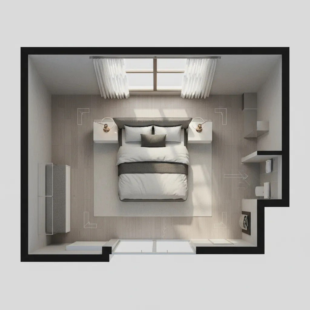 Accurate 3D bedroom floor plan with proper circulation space around bed