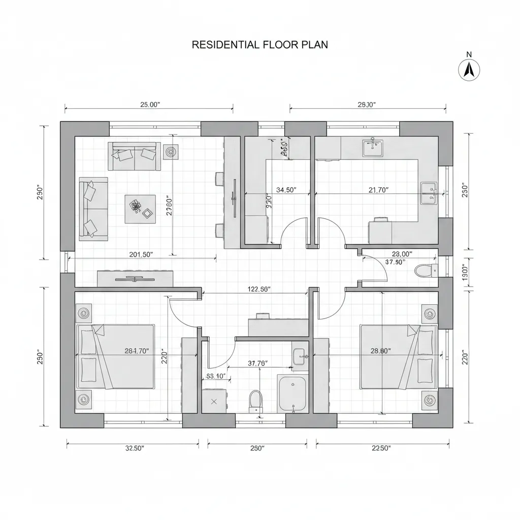 digital floor plan showing measurements and spacing guidelines for furniture layout