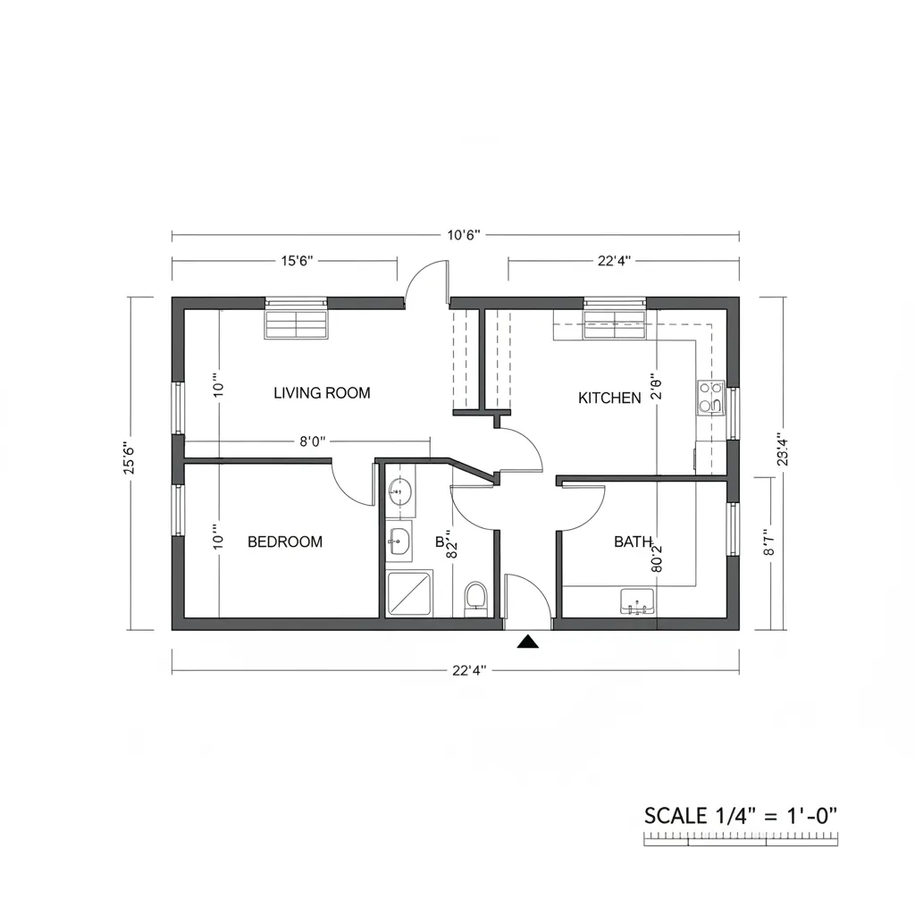 2D floor plan diagram with wall measurements and door swing clearance