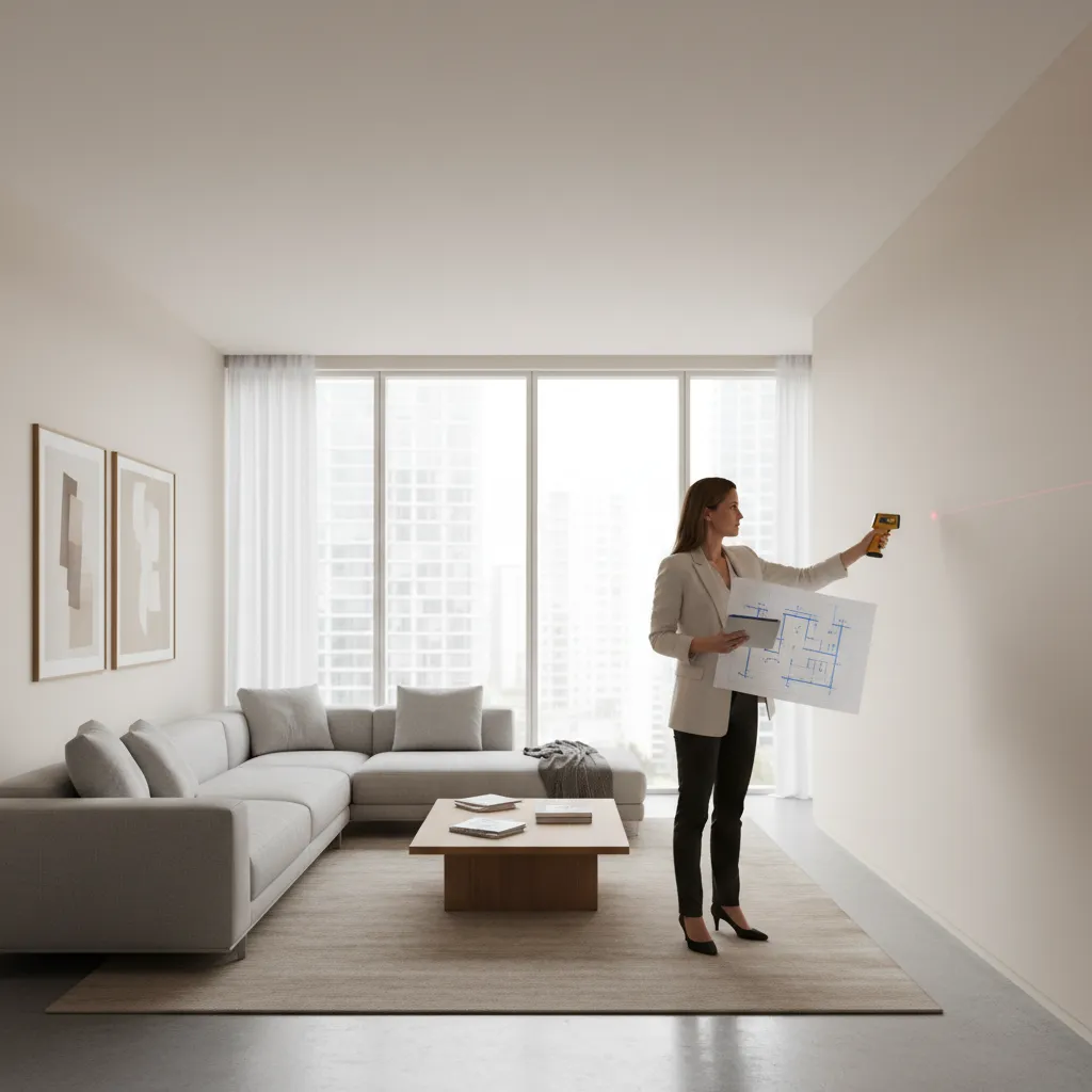 Interior designer measuring living room walls and creating accurate floor plan layout