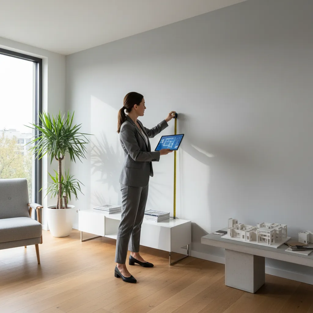 step by step room measurement and layout planning with metric tape and digital planner