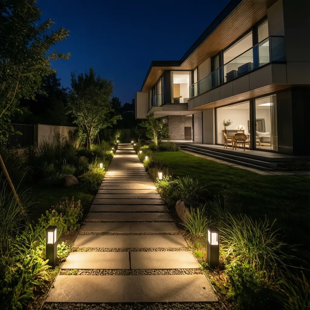 Acera residencial con iluminación exterior nocturna
