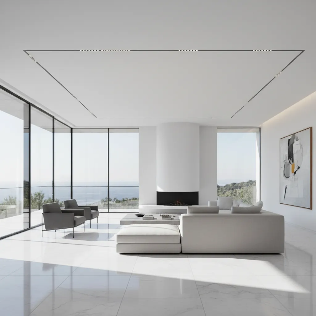 Salón moderno con líneas arquitectónicas limpias y grandes ventanales