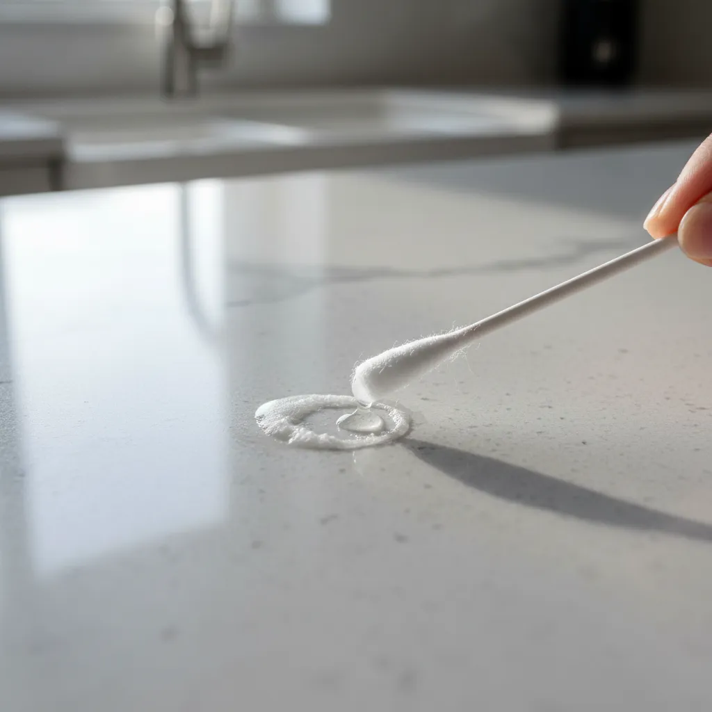 Cotton swab applying acetone to dissolve super glue on kitchen countertop