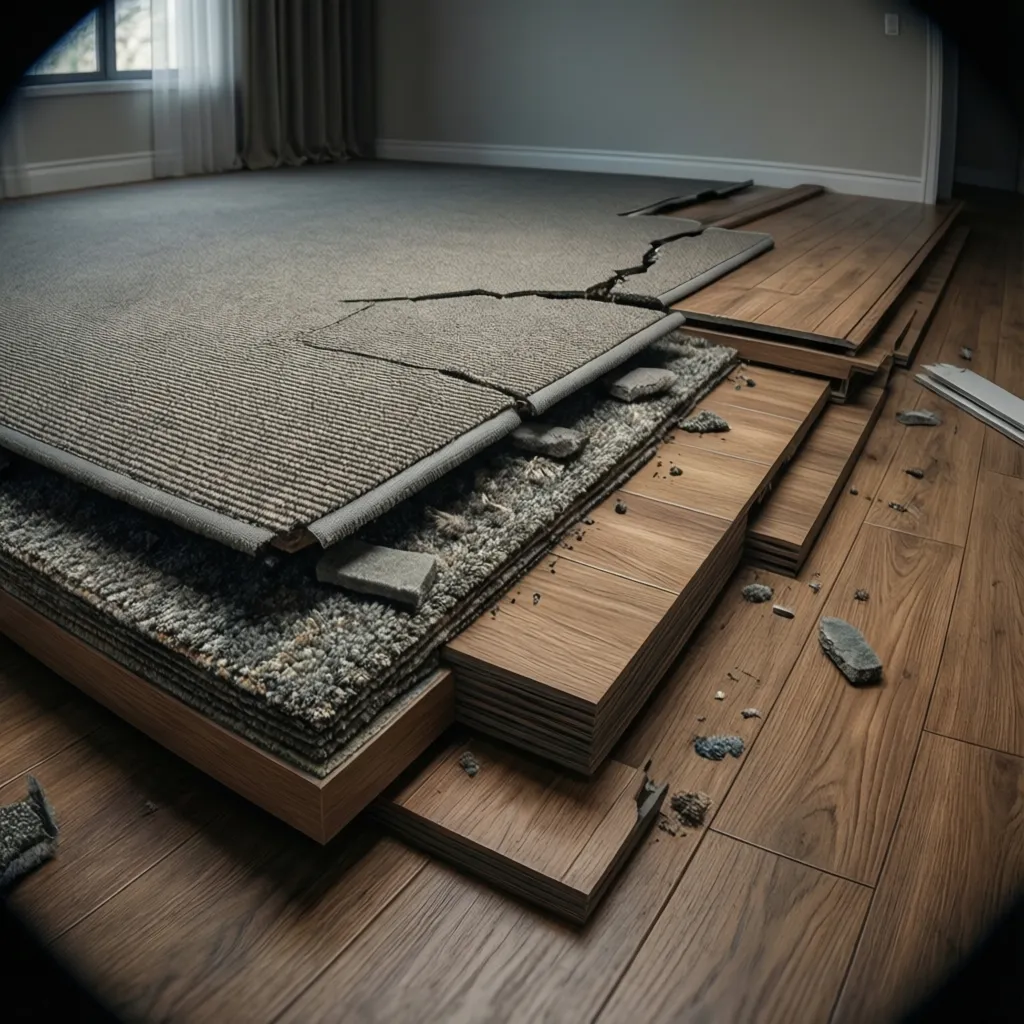 cross section diagram of carpet and acoustic padding on upper floor