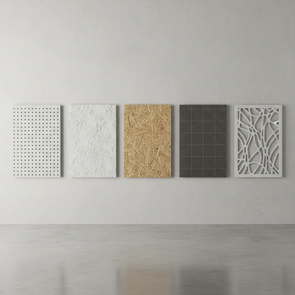 Different acoustic ceiling materials including perforated gypsum and mineral fiber panels