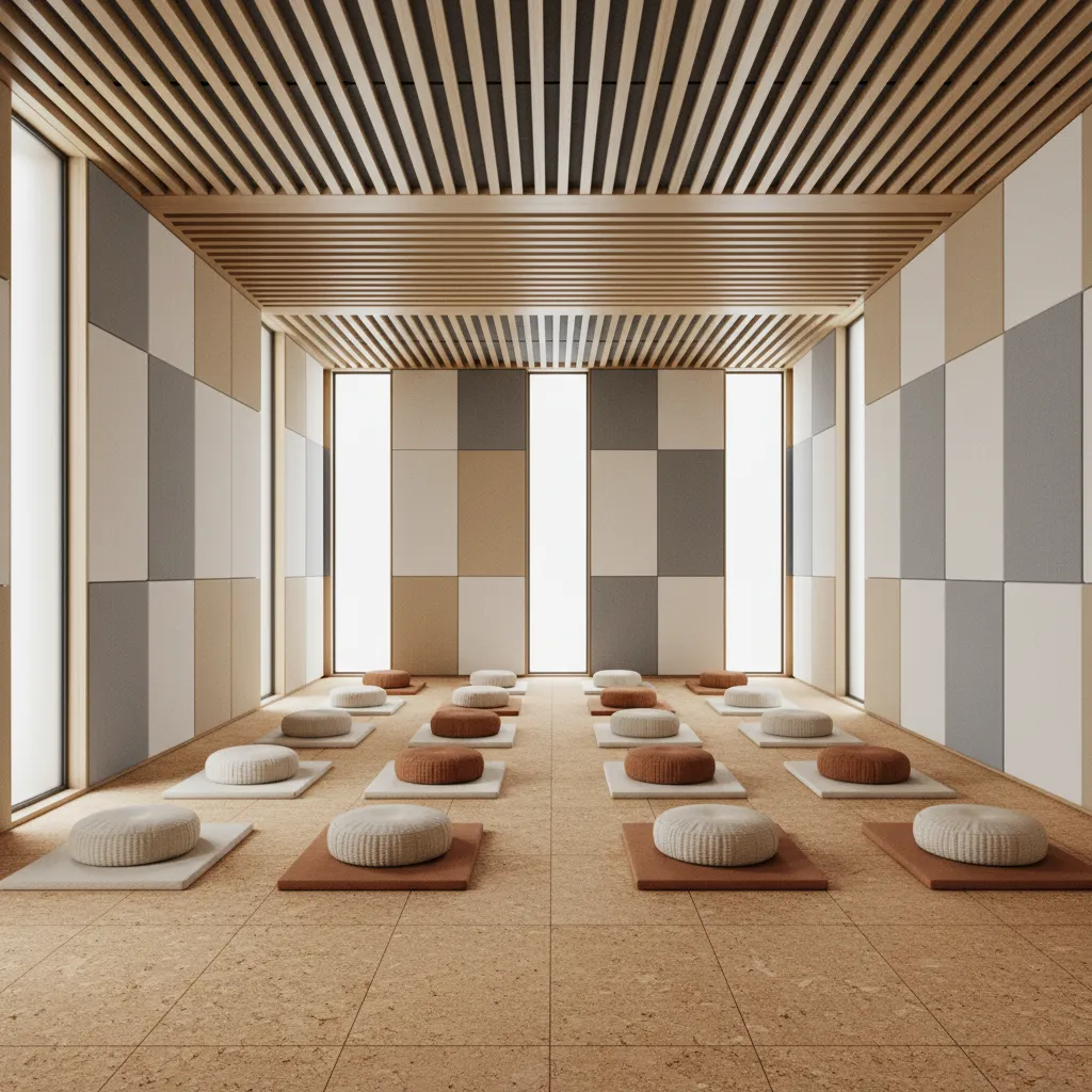 meditation hall interior with acoustic wood panels and fabric wall panels
