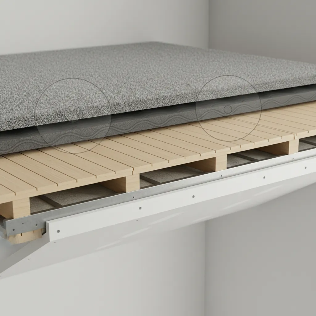 Cross section of apartment floor showing carpet, underlayment and structural layers for sound insulation