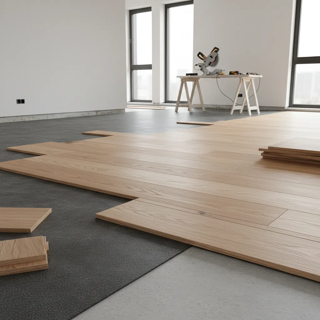 Construction view showing acoustic floor underlayment installed under wood flooring