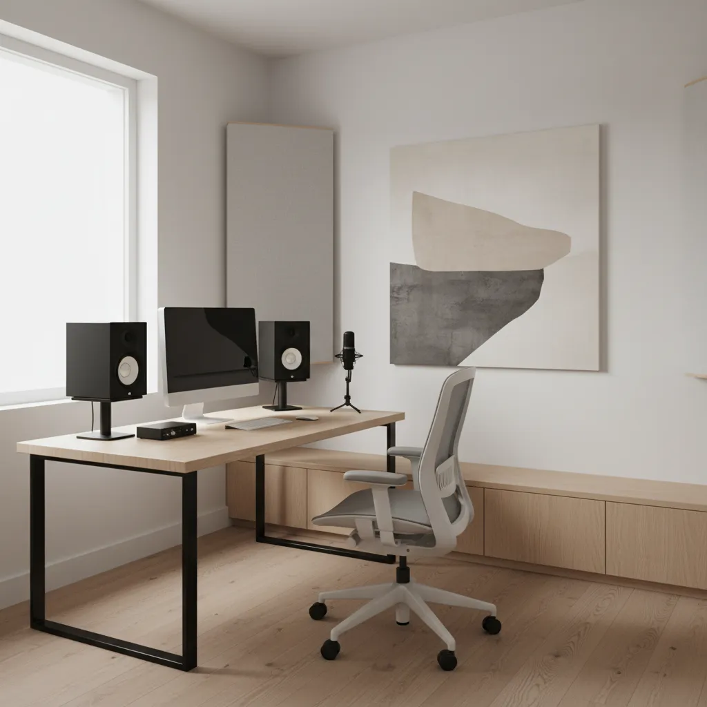 Acoustic panels placed on walls in small home office recording room