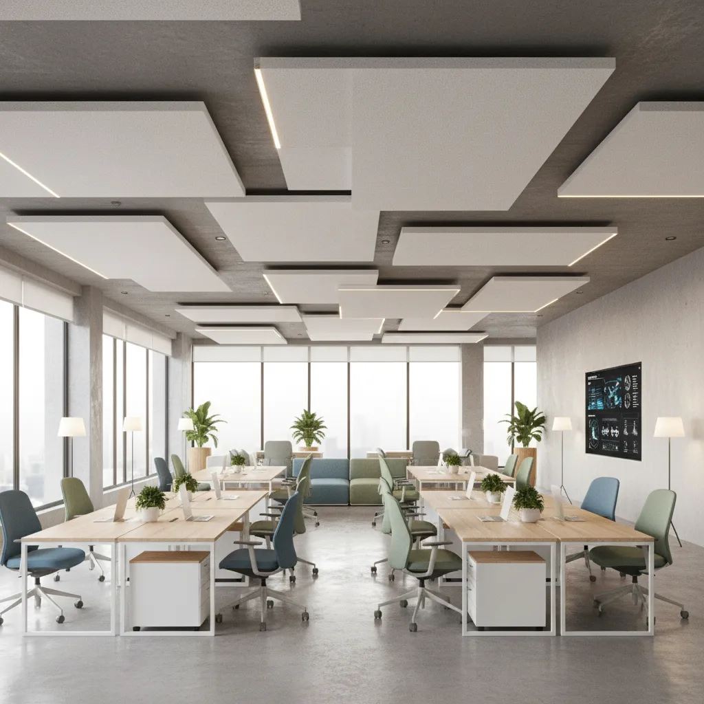 POP ceiling acoustic panels reducing noise in open office