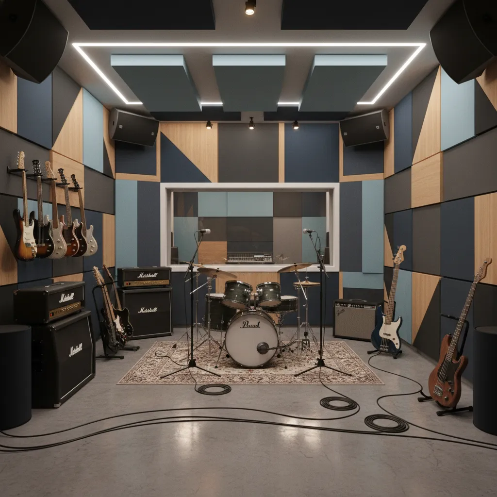 Rehearsal studio with acoustic panels bass traps and ceiling clouds